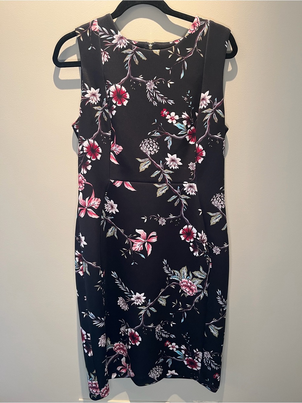 Calvin Klein Black Floral Sheath Dress with Pink and White Flowers